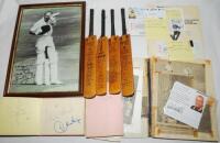 Small box of mixed ephemera 1960s onwards, some items signed. Contents include a small autograph album including a good selection of England Test players' signatures c. 1960s. Mono framed signed photograph of Geoff Boycott on completing his 100th hundred 