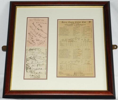 The Ashes. England v Australia 1930. Two joined album pages very nicely signed in ink by twelve members of the England team and all fifteen members of the Australian touring party. England signatures are Wyatt (Captain), Tate, Hammond, Leyland, Whysall, L