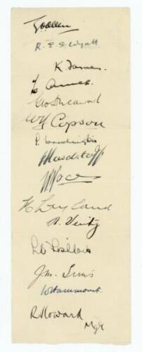 M.C.C. (England) tour of Australia 1936/37. Narrow paper strip very nicely signed by fifteen members of the touring party including the Manager, Howard. Players' signatures are Allen (Captain), Wyatt, Farnes, Ames, Duckworth, Copson, Worthington, Hardstaf