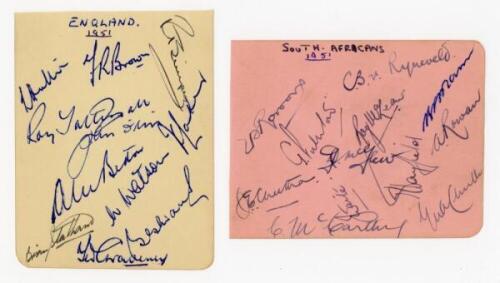 England v South Africa 1951. Two small album pages, one signed in ink by eleven England players, the other by twelve South Africans. England signatures are Hutton, Brown, Simpson, Tattersall, Ikin, Laker, Bedser, Watson, Statham, Evans and Graveney. South