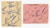 England v South Africa 1951. Two small album pages, one signed in ink by eleven England players, the other by twelve South Africans. England signatures are Hutton, Brown, Simpson, Tattersall, Ikin, Laker, Bedser, Watson, Statham, Evans and Graveney. South