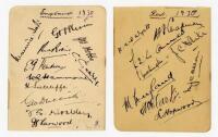 England v The Rest 1930. Two small album pages nicely signed in ink by twenty players who played in the Test trial match. Signatures are Tate, Stevens, Robins, Hobbs, Hendren, Geary, Hammond, Sutcliffe, Duckworth, Woolley, Larwood, Way att, Chapman, Ames,