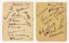 England v The Rest 1930. Two small album pages nicely signed in ink by twenty players who played in the Test trial match. Signatures are Tate, Stevens, Robins, Hobbs, Hendren, Geary, Hammond, Sutcliffe, Duckworth, Woolley, Larwood, Way att, Chapman, Ames,
