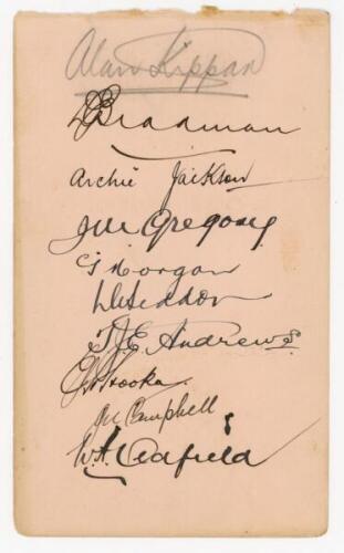 New South Wales 1928/29. Album page nicely signed in ink (one in pencil) by ten members of the New South Wales team for the tour match v M.C.C. played at Sydney, 9th-13th November 1928. Signatures are Kippax (signed in pencil), Bradman, Jackson, Gregory, 