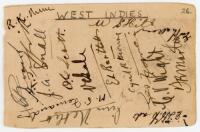West Indies tour to England 1928. Small album page signed in black ink by sixteen members of the West Indies touring party. Signatures include Nunes (Captain), Roach, Small, Scott, Bartlett, Wight, Martin, Hill, Neblett etc. Some wrinkling and ageing, oth
