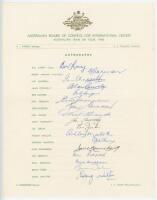 Australia tour to England 1968. Official autograph sheet fully signed by the seventeen members of the Australian touring party. Signatures include Lawry (Captain), Jarman, Chappell, Connolly, Gleeson, Hawke, Inverarity, Mallett, Redpath, Taber, Walters et