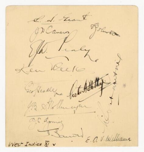 West Indies tour to England 1939. Album page signed in ink by twelve members of the West Indies touring party. Signatures are Grant (Captain), Cameron, Johnson, Sealy, Weekes, Headley, V. Stollmeyer, Constantine, J. Stollmeyer, Gomez, Barrow and Williams.