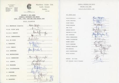 Sri Lanka tour to England 1988. Two official autograph sheets of the Sri Lanka touring parties for the Lord's Test, 2th-30th August 1988. One is fully signed by all eighteen members of the touring party, the other lacking one signature of Madurasinghe. Pl