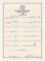 Sri Lanka tour to England 1990. Official autograph sheet fully signed by all seventeen members of the Sri Lanka touring party. Players' signatures include de Silva (Captain), Mahanama, Atapattu, Jayasuriya, Kuruppu, Labrooy, Ramanayake, Tillakaratne, Wick