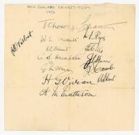 'New Zealand Cricket Team 1931'. Large page signed in ink by all fourteen members of the New Zealand touring party to England. Signatures are Lowry (Captain), Merritt, Blunt, Dempster, Weir, Vivian, Matheson, Talbot, Allcott, Page, Mills, Kerr, Cromb and 