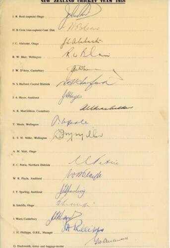 New Zealand tour to England 1958. Official autograph sheet signed in ink by seventeen members of the New Zealand touring party to England. Players' signatures are Reid (Captain), Cave, Alabaster, Blair, D'Arcy, Hartford, Hayes, MacGibbon, Meale, Miller, P