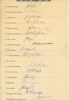 New Zealand tour to England 1958. Official autograph sheet signed in ink by seventeen members of the New Zealand touring party to England. Players' signatures are Reid (Captain), Cave, Alabaster, Blair, D'Arcy, Hartford, Hayes, MacGibbon, Meale, Miller, P