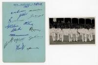 New Zealand tour to England 1949. Large album page nicely signed in ink by all fifteen members of the New Zealand touring party to England. Signatures are Hadlee (Captain), Wallace, Reid, Hayes, Cowie, Smith, Burke, Mooney, Cresswell, Sutcliffe, Scott, Ra