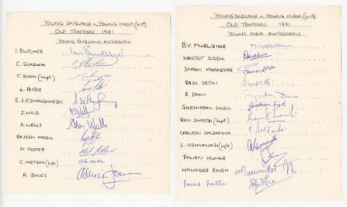 Young England v Young India 1981. Two unofficial autograph sheets for the third Test in the Under-19 series played at Old Trafford, 2nd-4th September 1983. The sheets with hand printed titles and players' names, one signed by the eleven England players, t