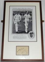 Jack Hobbs and Herbert Sutcliffe. Album page very nicely signed in ink by 'J.B. Hobbs (Surrey XI) Oct. 1926' and 'Herbert Sutcliffe. Nov 15/ [19]27' with additional ink inscription 'M.C.C. Cricket Team South Africa 1927'. The page is window mounted below 