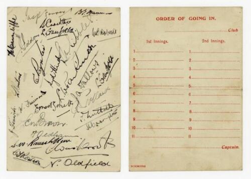 Lancashire C.C.C. c.1930s. 'Order of going in' card signed to the verso in ink by twenty County cricketers including a number of Lancashire players. Lancashire signatures include J. Iddon, W. Roberts, E. Paynter, S. Hird, L. Parkinson, J. Fallows, W. Farr