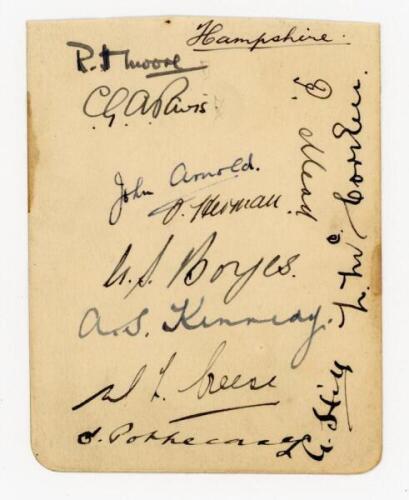 Hampshire C.C.C. 1936. Small album page nicely signed in ink by eleven Hampshire players. Signatures are Moore (Captain), Paris, Arnold, Herman, Boyes, Kennedy, Creese, Pothecary, Mead, McCorkell and Hill. G/VG - cricket