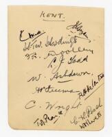 Kent C.C.C. 1930/31. Small album page nicely signed in ink by twelve Kent players. Signatures are J. Bryan, Knott, Hardinge, Woolley, Todd, Ashdown, Freeman, Valentine, C. Wright, Pearce, Peach and Levett. VG - cricket