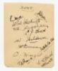 Kent C.C.C. 1930/31. Small album page nicely signed in ink by twelve Kent players. Signatures are J. Bryan, Knott, Hardinge, Woolley, Todd, Ashdown, Freeman, Valentine, C. Wright, Pearce, Peach and Levett. VG - cricket