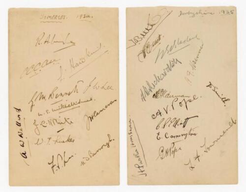 Somerset 1934 and Derbyshire 1935. Album page nicely signed in ink to one side by twelve members of the Somerset team. Signatures are Ingle (Captain), Case, Hawkins, Bennett, J. Lee, Mitchell-Innes, White, Cameron, Luckes, F.S. Lee, Burrough and Wellard. 