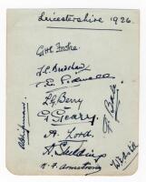 Leicestershire C.C.C. 1926. Small album page very nicely signed in black ink by eleven members of the 1926 Leicestershire team. Signatures are Fowke (Captain), Bradshaw, Sidwell, Berry, Geary, Lord, Skelding, Armstrong, Shipman, Bale and Astill. Slight sm