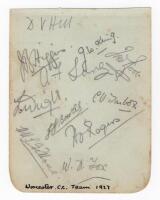 Worcestershire C.C.C. 1927. Small album signed in pencil by eleven members of the 1926 Worcestershire team. Signatures are Hill, J.B. Higgins, J.W. King, Lane, Root, Wright, Tarbox, Bowles, Rogers, Gibbons and Fox. G - cricket