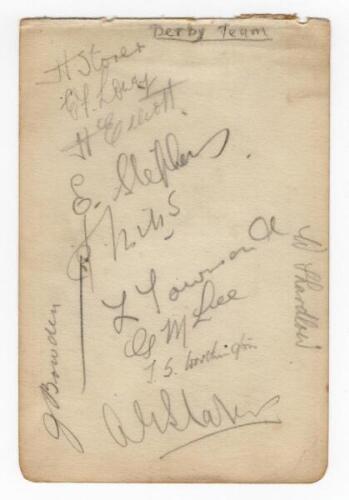 Derbyshire C.C.C. c.1926. Album signed in pencil by eleven members of the Derbyshire team. Signatures are Storer, Loney, H. Elliott, L.F. Townsend, Lee, Worthington, Slater, Bowden, Shardlow etc. G - cricket