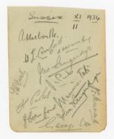 Sussex C.C.C. 1934. Small album page signed in pencil by twelve Sussex players. Signatures are Melville (Captain), 'Tich' Cornford, Wensley, James Langridge, J. Parks, H. Parks, Tate, J. Cornford, John Langridge, Cox and Hammond. VG - cricket