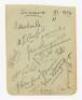 Sussex C.C.C. 1934. Small album page signed in pencil by twelve Sussex players. Signatures are Melville (Captain), 'Tich' Cornford, Wensley, James Langridge, J. Parks, H. Parks, Tate, J. Cornford, John Langridge, Cox and Hammond. VG - cricket