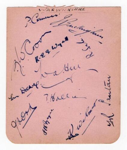 Warwickshire C.C.C. 1939. Album nicely signed in ink by twelve members of the 1939 Warwickshire team. Signatures are Cranmer (Captain), Buckingham, Croom, Wyatt, Sale, Hill, Dollery, Hollies, Ord, Mayer, Wilmot and Santall. G/VG - cricket