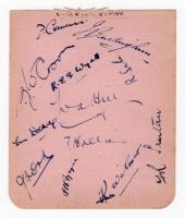 Warwickshire C.C.C. 1939. Album nicely signed in ink by twelve members of the 1939 Warwickshire team. Signatures are Cranmer (Captain), Buckingham, Croom, Wyatt, Sale, Hill, Dollery, Hollies, Ord, Mayer, Wilmot and Santall. G/VG - cricket