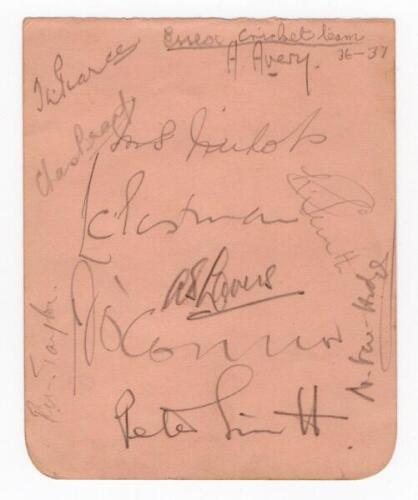 Essex C.C.C. 1937. Album nicely signed in pencil by eleven members of the 1937 Essex team. Signatures are Pearce (Captain), Avery, Bray, Nichols, Eastman, Lavers, O'Connor, R. Smith, T.P.B. Smith, Taylor and the rarer N. Vere-Hodge (23 matches 1936-1939).