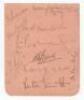 Essex C.C.C. 1937. Album nicely signed in pencil by eleven members of the 1937 Essex team. Signatures are Pearce (Captain), Avery, Bray, Nichols, Eastman, Lavers, O'Connor, R. Smith, T.P.B. Smith, Taylor and the rarer N. Vere-Hodge (23 matches 1936-1939).