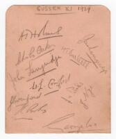 Sussex C.C.C. 1939. Album nicely signed in pencil by eleven members of the 1939 Sussex team. Signatures are Holmes (Captain), Oakes, John Langridge, Tich Cornford, J. Cornford, H. Parks, John Langridge, Bartlett, J. Parks, Nye and Cox. G/VG - cricket