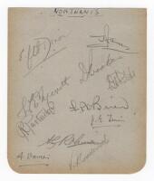 Northamptonshire C.C.C. 1939. Album nicely signed in pencil by eleven members of the 1939 Northamptonshire team. Signatures are Dixon, James, Merritt, Brookes, O'Brien, Partridge, Timms, Robinson, A. Davies, Broderick and the rarer S.I. Philips (7 matches