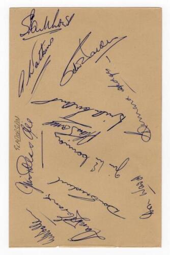 Glamorgan C.C.C. c. 1958. Album page nicely signed in ink by twelve members of the Glamorgan team. Signatures are Wooller (Captain), Pressdee, A. Jones, Shepherd, McConnon, Ward, A. Jones, B. Evans, Hedges, Watkins, Parkhouse, Walker. VG - cricket