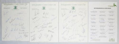 Nottinghamshire C.C.C. 1982-2005. Four official autograph sheets on Nottinghamshire C.C.C. headed paper for seasons 1982, 1985, 1987 ('Double winners') and 2005 (County Champions). Signatures include Rice, Hadlee, Hemmings, 'Basher' Hassan, Bore, Cooper, 