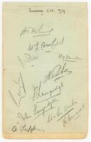 Sussex C.C.C. 1939. Album page signed in pencil by eleven members of the Sussex team. Signatures are Holmes (Captain), Cornford, J.H. Parks, Stainton, H.W. Parks, Cox, James Langridge, John Langridge, Oakes, Hammond, and the rarer A.G. Tuppin (23 matches,