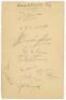 Warwickshire C.C.C. 1939. Album page signed in pencil by ten members of the Warwickshire team. Signatures are Cranmer (Captain), Wyatt, Buckingham, Hill, Hollies, Dollery, Paine, Mayer, Ord and Croom. Light folds, otherwise in good condition - cricket
