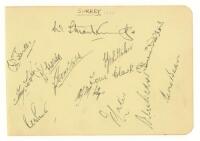 Surrey C.C.C. 1952. County Champions. Large album page signed in ink by thirteen members of the Surrey County Championship winning team. Signatures include Surridge (Captain), Lock, Constable, R. Pratt, Whittaker, Clark, McIntyre, Laker, A. Bedser, E. Bed