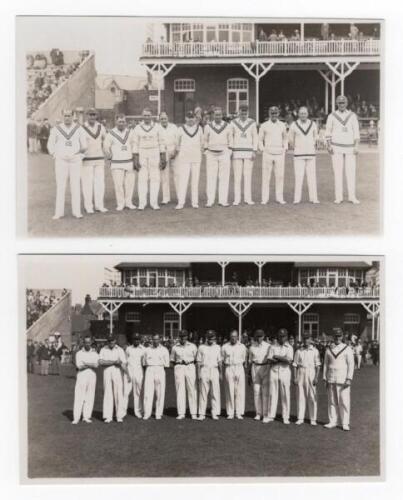 Scarborough Cricket Festival 1928. Two mono plain back real photograph postcards of teams standing in one row wearing cricket attire in front of the pavilion at Scarborough. Teams depicted are M.C.C. for the match v Yorkshire 1st- 4th September 1928, and 