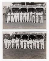 Scarborough Cricket Festival 1928. Two mono plain back real photograph postcards of teams standing in one row wearing cricket attire in front of the pavilion at Scarborough for the match between C.I. Thornton's XI and M.C.C. Australian Touring Team, 5th- 