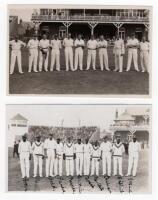 Scarborough Cricket Festival 1928. Two mono plain back real photograph postcards of teams standing in one row wearing cricket attire in front of the pavilion at Scarborough for the match between H.D.G. Leveson-Gower's XI and West Indians, 8th- 10th Septem