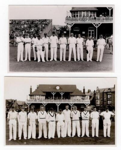 Scarborough Cricket Festival 1936 and 1937. Two mono real photograph postcards of M.C.C. teams standing in one row wearing cricket attire in front of the pavilion at Scarborough. One postcard depicts the M.C.C. team for the match v Yorkshire, 2nd- 4th Sep