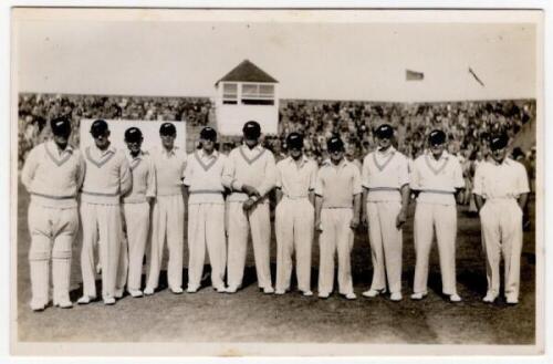 Scarborough Cricket Festival 1937. Mono real photograph postcard of the New Zealand team standing in one row wearing cricket attire at Scarborough for the match v H.D.G. Leveson-Gower's XI, 8th- 10th September 1937. Players featured include Kerr, Hadlee,