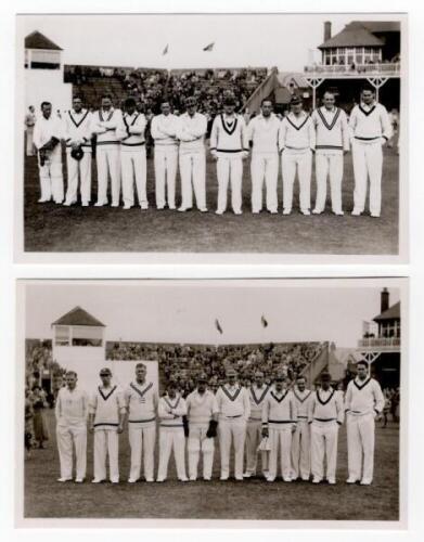 Scarborough Cricket Festival 1938. Two mono real photograph postcards of teams standing in one row wearing cricket attire in front of the pavilion at Scarborough. One postcard depicts the Gentlemen team for the match v Players, 7th- 9th September 1938. Pl