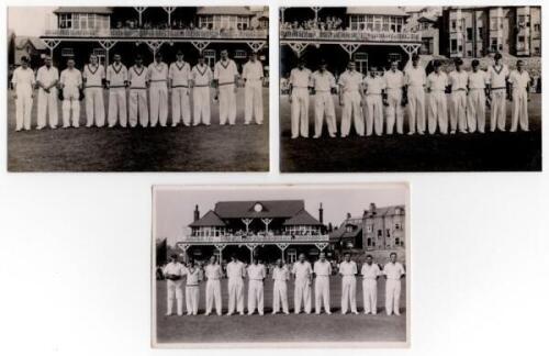 Scarborough Cricket Festival 1949. Three mono real photograph postcards of teams standing in one row wearing cricket attire, the pavilion in the background. Two feature the teams for H.D.G. Leveson-Gower's XI v New Zealanders, 7th- 9th September 1949, the