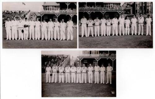 Scarborough Cricket Festival 1949. Three mono real photograph postcards of teams standing in one row wearing cricket attire, the pavilion in the background. Two feature the teams for North v South, 3rd- 6th September 1949, the other the Yorkshire team for