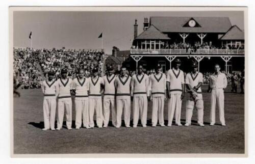 Scarborough Cricket Festival 1950. West Indies. Mono real photograph plain back postcard of the West Indies team standing in one row wearing cricket attire, the pavilion in the background, for the match v H.D.G. Leveson-Gower's XI, 9th- 12th September 195