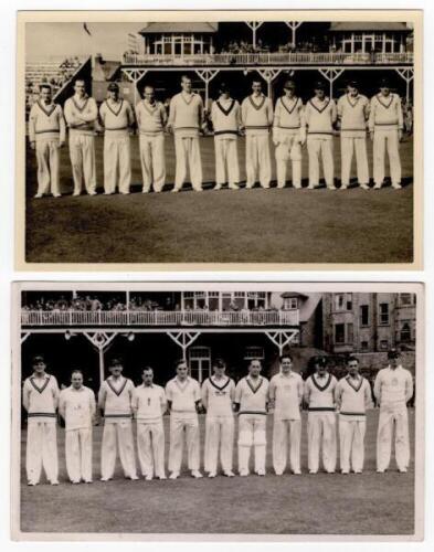 Scarborough Cricket Festival 1950. North v South. Two mono real photograph plain back postcards, one of the North team, the other the South, for the match played 6th- 8th September 1950. Both teams depicted standing in one row wearing cricket attire with 